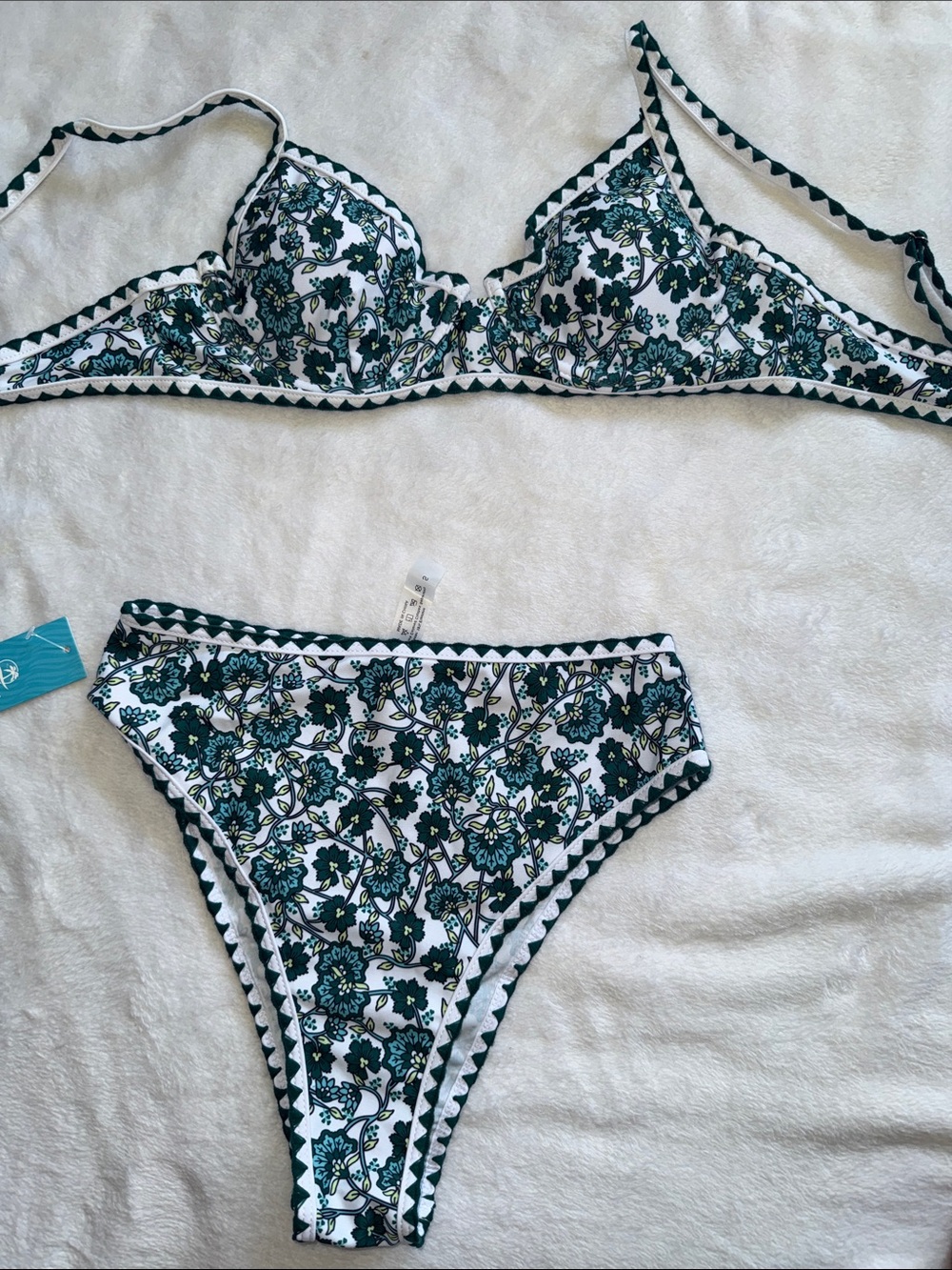 Cupshe White Floral Bikini Bottoms with Teal and Dark Green Trim